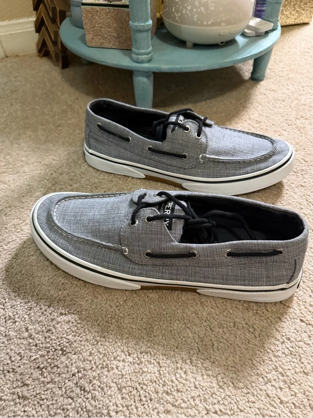 Sperry Men's Halyard 2-Eye boat shoes grey linen Canvas Black Laces Size 11